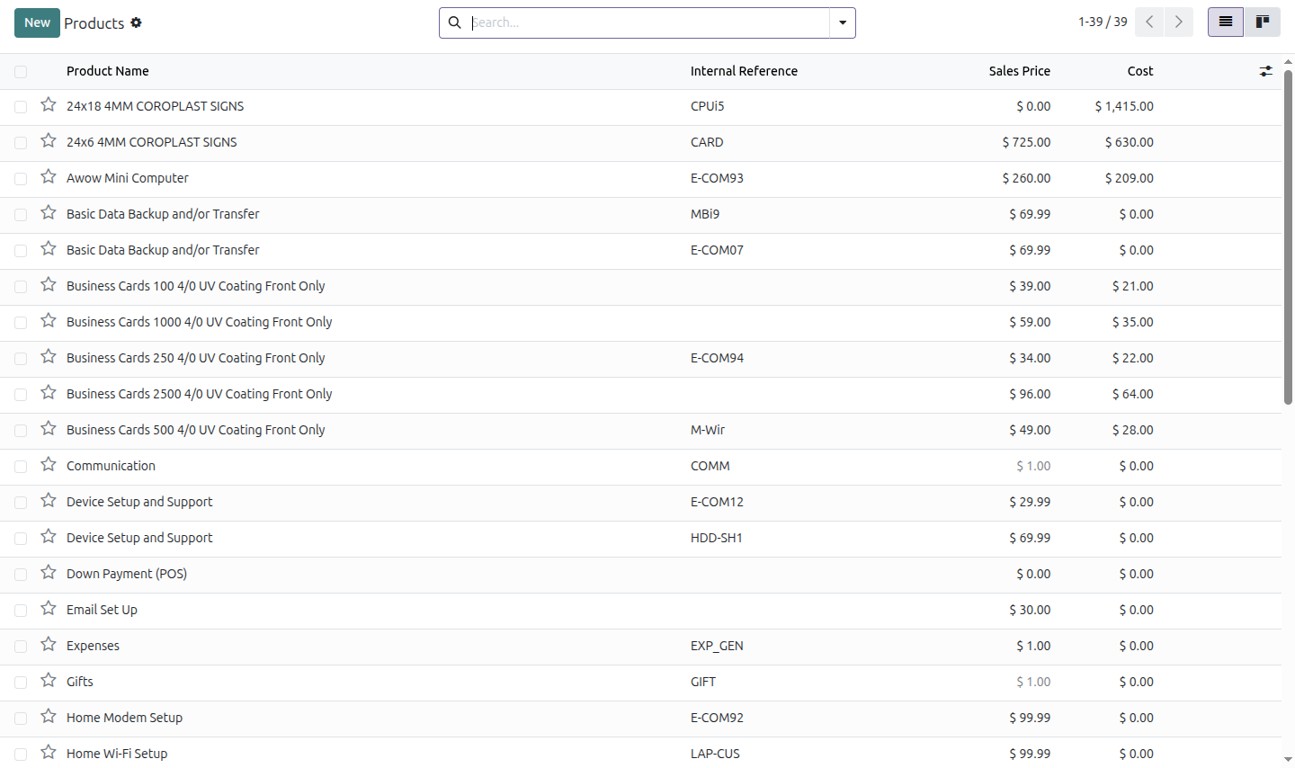 ZEN FieldOps product and service catalog screen with item names, references, prices, and costs