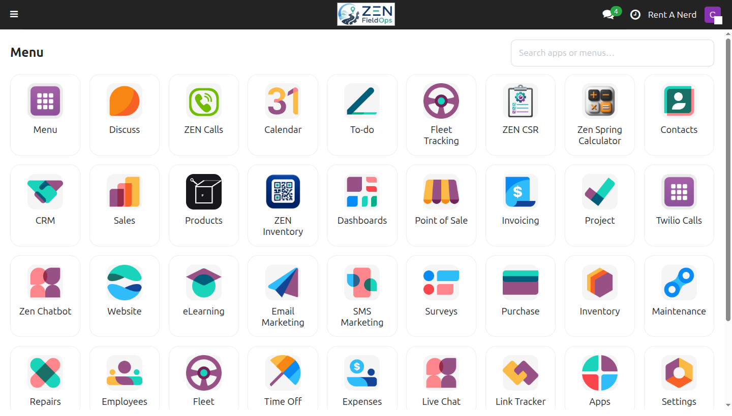 ZEN FieldOps workspace menu showing service operations, customer requests, sales, products, inventory, invoicing, website, and business tools