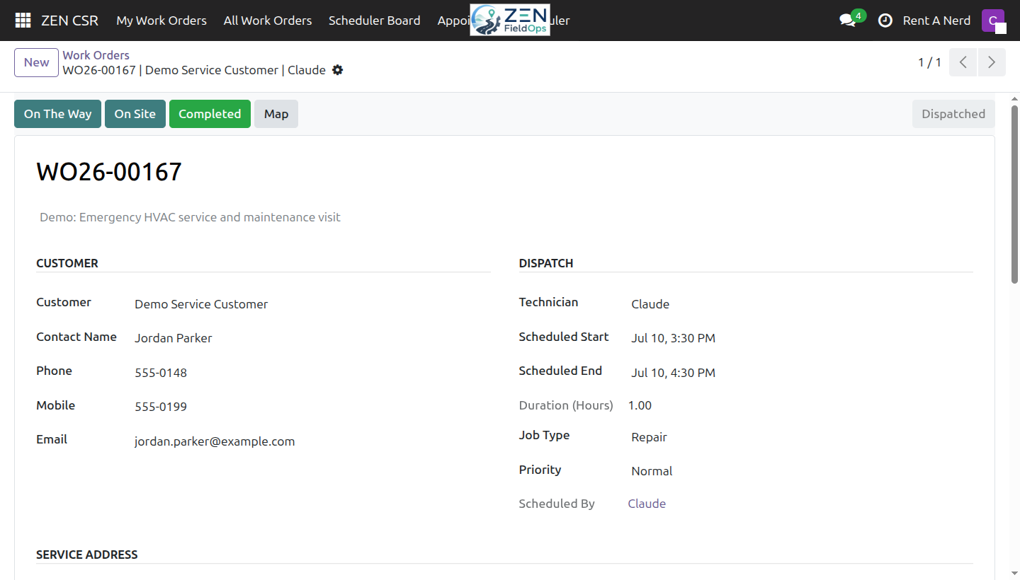 ZEN FieldOps service visit screen showing customer, technician, schedule, service address, status, products, and notes