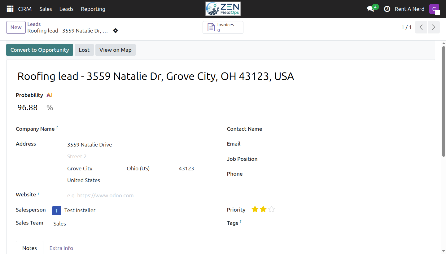 ZEN FieldOps customer request screen showing address, priority, owner, notes, and activity history