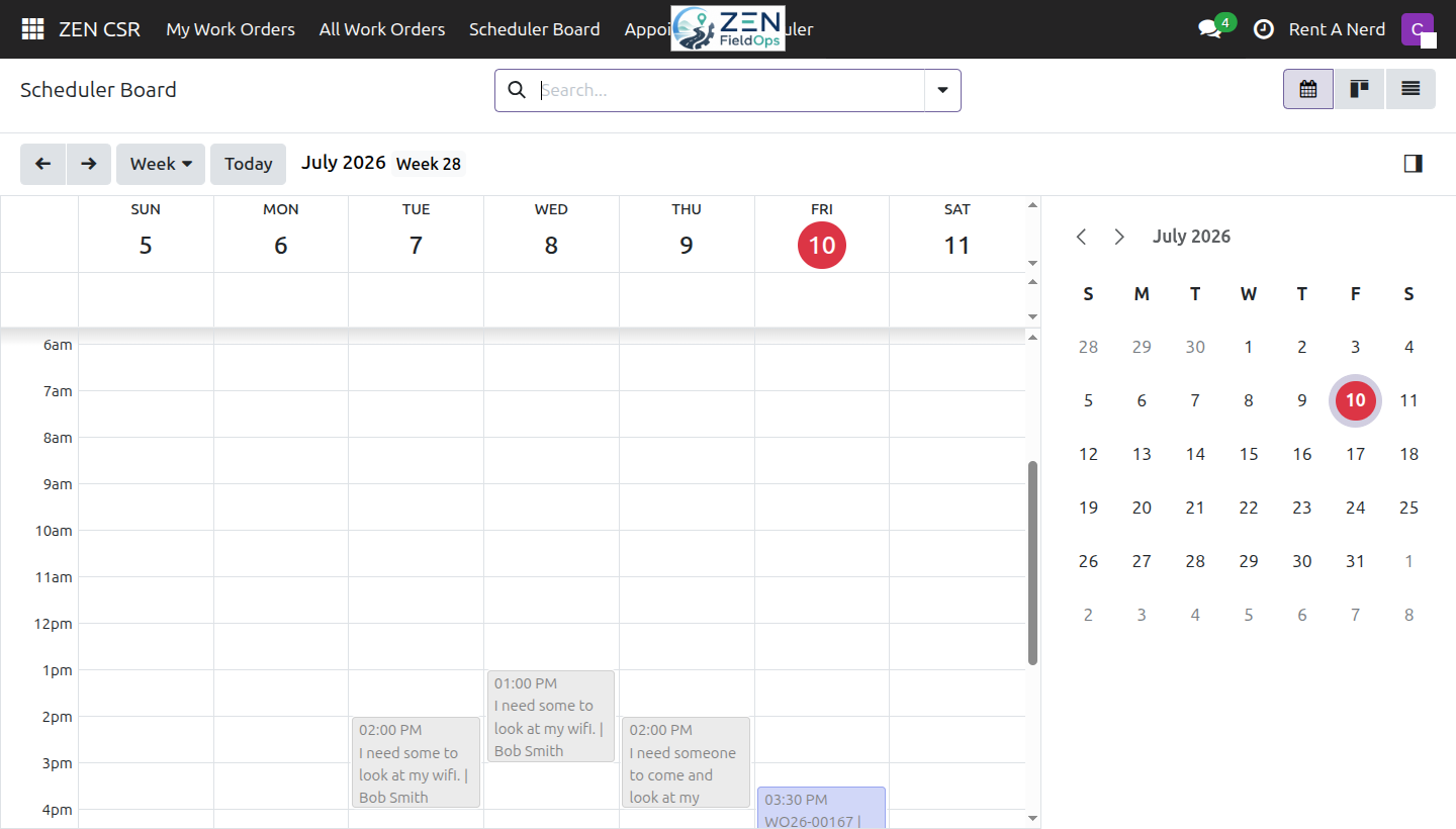 ZEN FieldOps scheduling screen showing weekly dispatch calendar with service jobs placed by day and time